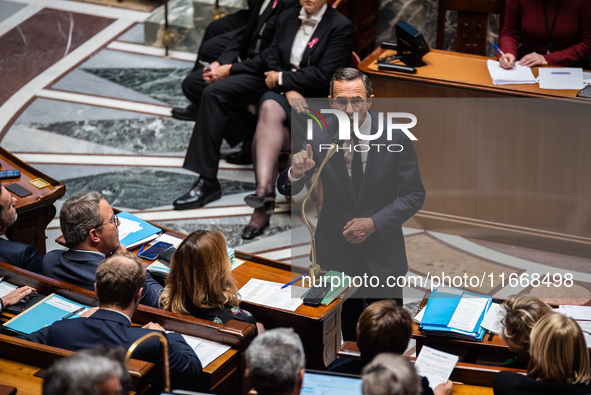 Interior Minister Bruno Retailleau is in Parliament in Paris, France, on October 15, 2024. 