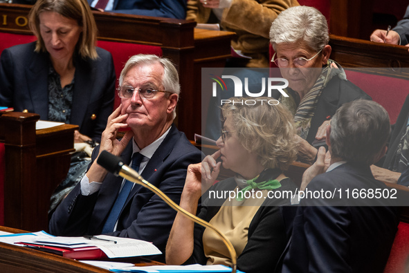 Prime Minister Michel Barnier is at the National Assembly during the parliamentary question session to the government in Paris, France, on O...