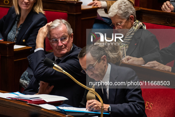 Prime Minister Michel Barnier is at the National Assembly during the parliamentary question session to the government in Paris, France, on O...