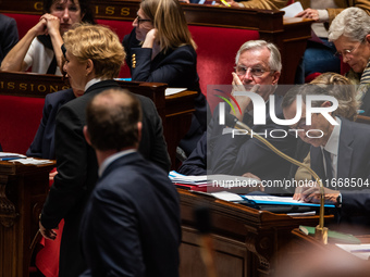 Prime Minister Michel Barnier is at the National Assembly during the parliamentary question session to the government in Paris, France, on O...