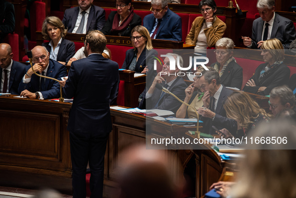 Prime Minister Michel Barnier is at the National Assembly during the parliamentary question session to the government in Paris, France, on O...