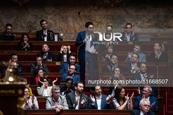 La France Insoumise deputy Hadrien Clouet displays a packet of Doliprane in Parliament, the best-selling drug in France, which is at the cen...