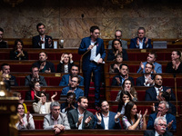 La France Insoumise deputy Hadrien Clouet displays a packet of Doliprane in Parliament, the best-selling drug in France, which is at the cen...