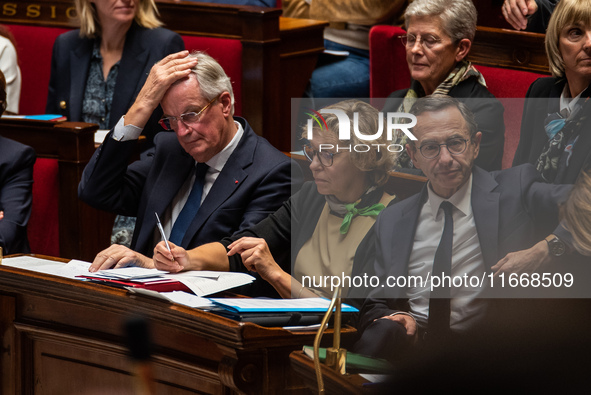 Prime Minister Michel Barnier is at the National Assembly during the parliamentary question session to the government in Paris, France, on O...