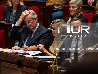 Prime Minister Michel Barnier is at the National Assembly during the parliamentary question session to the government in Paris, France, on O...