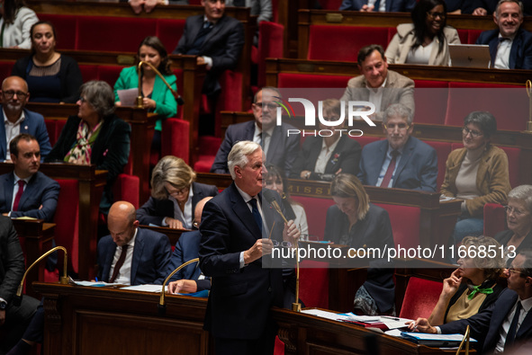 Prime Minister Michel Barnier is at the National Assembly during the parliamentary question session to the government in Paris, France, on O...