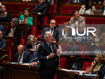 Prime Minister Michel Barnier is at the National Assembly during the parliamentary question session to the government in Paris, France, on O...