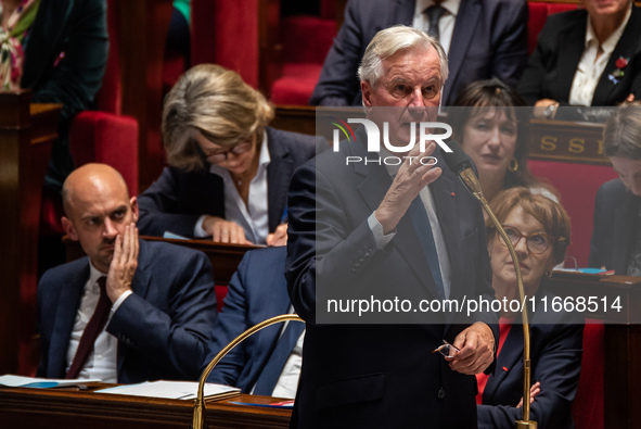 Prime Minister Michel Barnier is at the National Assembly during the parliamentary question session to the government in Paris, France, on O...