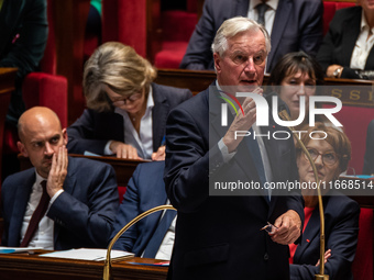 Prime Minister Michel Barnier is at the National Assembly during the parliamentary question session to the government in Paris, France, on O...