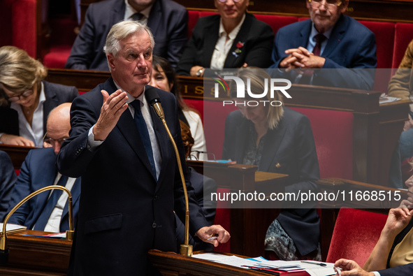 Prime Minister Michel Barnier is at the National Assembly during the parliamentary question session to the government in Paris, France, on O...