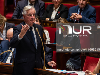 Prime Minister Michel Barnier is at the National Assembly during the parliamentary question session to the government in Paris, France, on O...