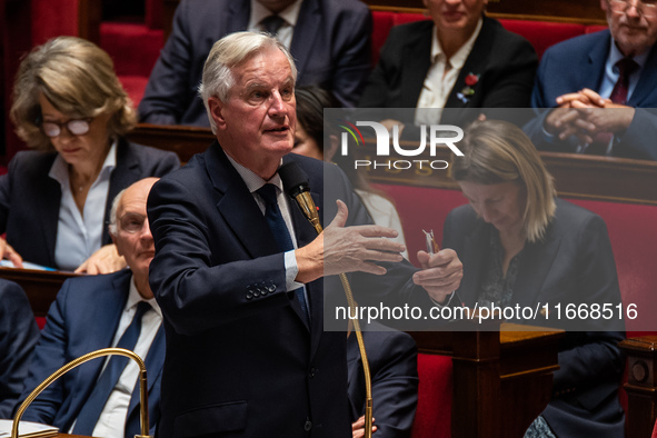 Prime Minister Michel Barnier is at the National Assembly during the parliamentary question session to the government in Paris, France, on O...