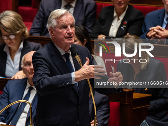 Prime Minister Michel Barnier is at the National Assembly during the parliamentary question session to the government in Paris, France, on O...