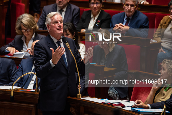 Prime Minister Michel Barnier is at the National Assembly during the parliamentary question session to the government in Paris, France, on O...