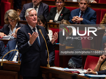 Prime Minister Michel Barnier is at the National Assembly during the parliamentary question session to the government in Paris, France, on O...