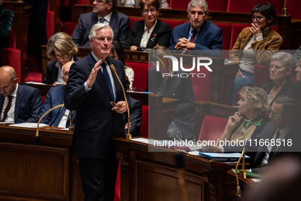 Prime Minister Michel Barnier is at the National Assembly during the parliamentary question session to the government in Paris, France, on O...