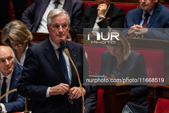 Prime Minister Michel Barnier is at the National Assembly during the parliamentary question session to the government in Paris, France, on O...