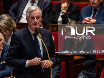 Prime Minister Michel Barnier is at the National Assembly during the parliamentary question session to the government in Paris, France, on O...