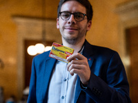 La France Insoumise deputy Hadrien Clouet shows a packet of Doliprane, the best-selling drug in France, at the center of controversy over th...