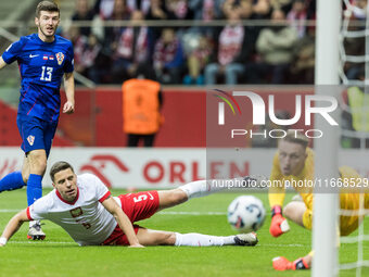 Petar Sucic  scores, Jan Bednarek , Marcin Bulka  during UEFA Nations League match Poland vs Croatia in Warsaw Poland on 15 October 2024. (