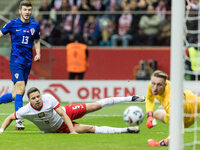 Petar Sucic  scores, Jan Bednarek , Marcin Bulka  during UEFA Nations League match Poland vs Croatia in Warsaw Poland on 15 October 2024. (