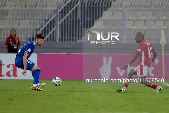 In Ta' Qali, Malta, on October 13, 2024, Basil Tuma of Malta is in action during the UEFA Nations League, League D, Group D2 soccer match be...