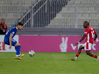 In Ta' Qali, Malta, on October 13, 2024, Basil Tuma of Malta is in action during the UEFA Nations League, League D, Group D2 soccer match be...