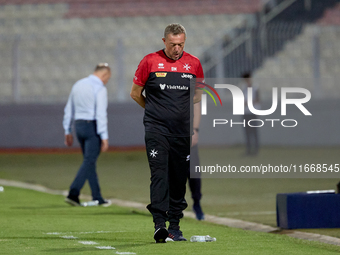 In Ta' Qali, Malta, on October 13, 2024, Davide Mazzotta, interim coach of Malta, gestures during the UEFA Nations League, League D, Group D...