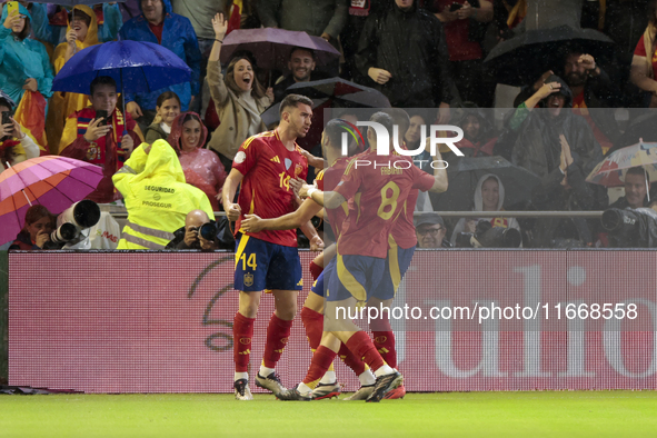 Aymeric Laporte of Spain celebrates a goal during the UEFA Nations League 2024/25 League A Group A4 match between Spain and Serbia at Nuevo...