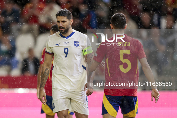 Aleksandar Mitrovic of Serbia reacts to a missed opportunity during the UEFA Nations League 2024/25 League A Group A4 match between Spain an...