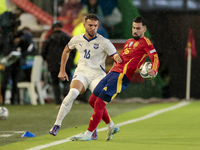 Strahinja Erakovic of Serbia competes for the ball with Alex Baena of Spain during the UEFA Nations League 2024/25 League A Group A4 match b...