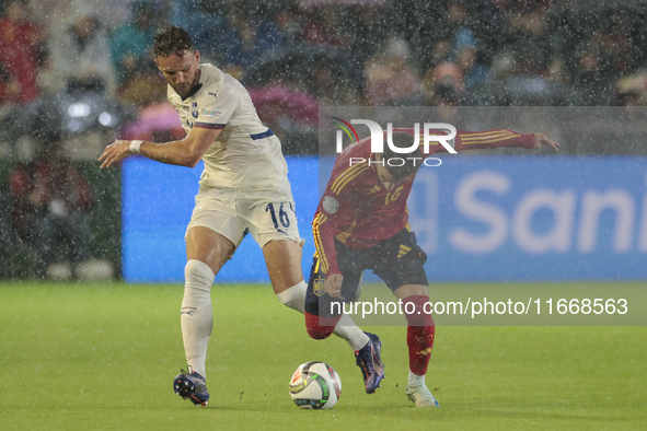 Strahinja Erakovic of Serbia battles for the ball during the UEFA Nations League 2024/25 League A Group A4 match between Spain and Serbia at...