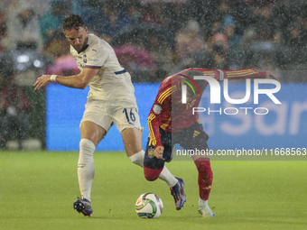 Strahinja Erakovic of Serbia battles for the ball during the UEFA Nations League 2024/25 League A Group A4 match between Spain and Serbia at...