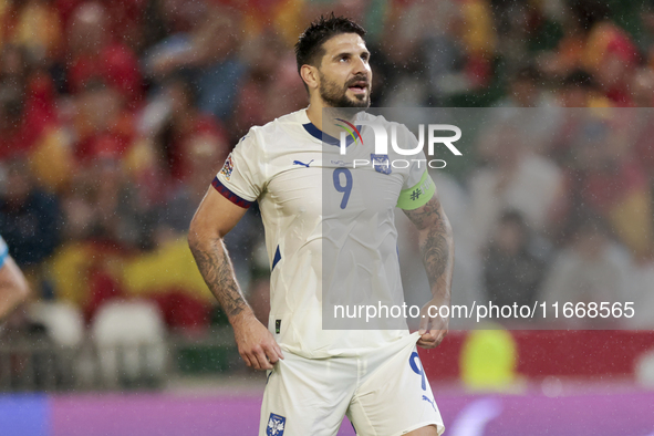 Aleksandar Mitrovic of Serbia reacts to a missed opportunity during the UEFA Nations League 2024/25 League A Group A4 match between Spain an...