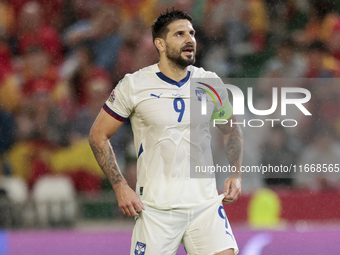 Aleksandar Mitrovic of Serbia reacts to a missed opportunity during the UEFA Nations League 2024/25 League A Group A4 match between Spain an...