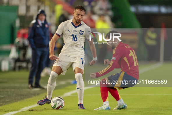 Strahinja Erakovic of Serbia is in action during the UEFA Nations League 2024/25 League A Group A4 match between Spain and Serbia at Nuevo A...