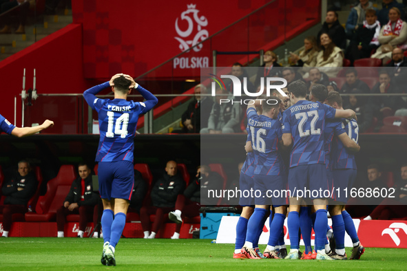 Croatia team celebrate the goal during UEFA Nations League football match Poland - Croatia at National Stadium in Warsaw, Poland on October...