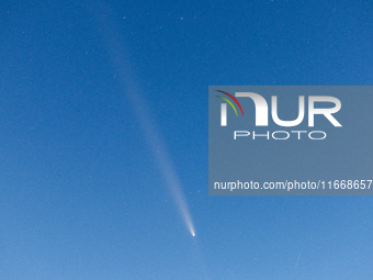 A view of the comet Tsuchinshan-ATLAS (C/2023 A3) in Gallipoli, Italy, on October 15, 2024. The comet's coma, or head, measures around 130,0...