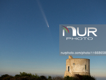 The comet Tsuchinshan-ATLAS (C/2023 A3) with a comet’s coma and anti-tail is seen over Torre del Pizzo, in Gallipoli, Italy, on October 15,...