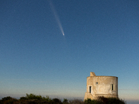 The comet Tsuchinshan-ATLAS (C/2023 A3) with a comet’s coma and anti-tail is seen over Torre del Pizzo, in Gallipoli, Italy, on October 15,...