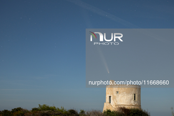 The comet Tsuchinshan-ATLAS (C/2023 A3) is seen over Torre del Pizzo, in Gallipoli, Italy, on October 15, 2024. The comet's coma, or head, m...