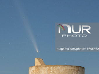 The comet Tsuchinshan-ATLAS (C/2023 A3) is seen over Torre del Pizzo, in Gallipoli, Italy, on October 15, 2024. The comet's coma, or head, m...