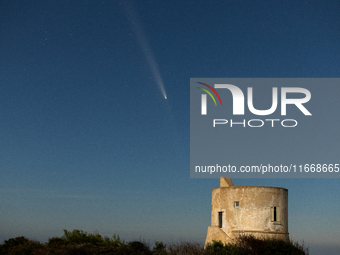 The comet Tsuchinshan-ATLAS (C/2023 A3) with a comet’s coma and anti-tail is seen over Torre del Pizzo, in Gallipoli, Italy, on October 15,...