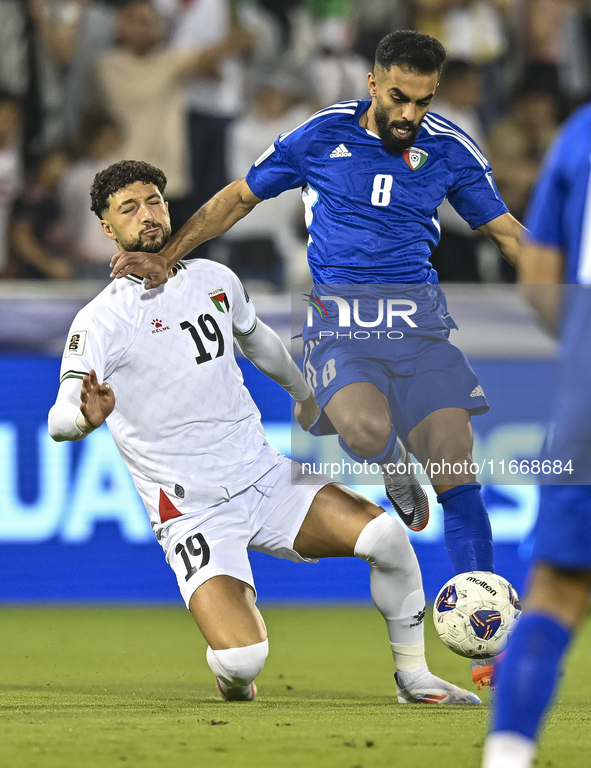 Wessam Abouli of Palestine competes for the ball with Ahmad Aldhefiri of Kuwait during the FIFA World Cup 2026 Qualification 3rd Round group...