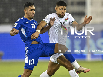 Omar Faraj of Palestine competes for the ball with Rashed Aldousari of Kuwait during the FIFA World Cup 2026 Qualification 3rd Round group B...