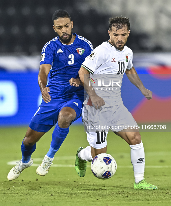 Mahmoud Abuwarda of Palestine battles for the ball with Meshari Alenezi of Kuwait during the FIFA World Cup 2026 Qualification 3rd Round gro...