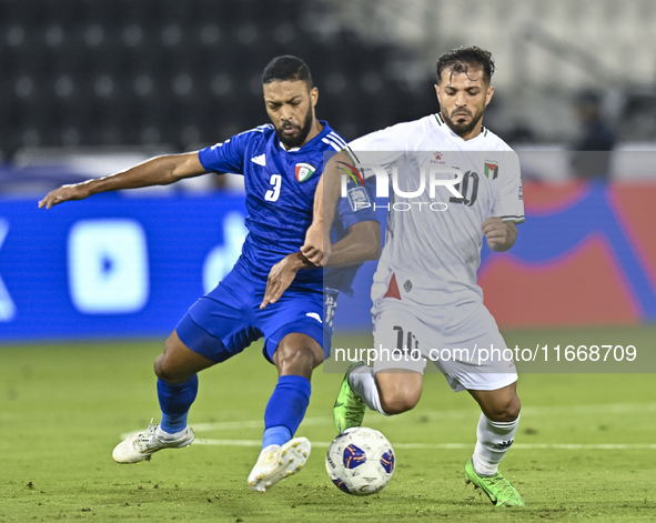 Mahmoud Abuwarda of Palestine battles for the ball with Meshari Alenezi of Kuwait during the FIFA World Cup 2026 Qualification 3rd Round gro...