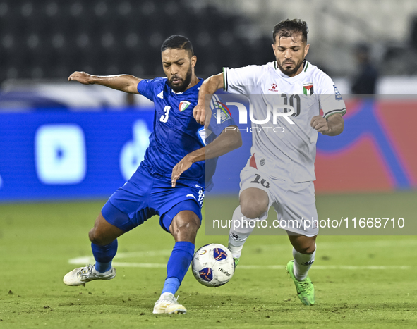 Mahmoud Abuwarda of Palestine battles for the ball with Meshari Alenezi of Kuwait during the FIFA World Cup 2026 Qualification 3rd Round gro...