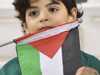 A fan of Palestine cheers during the FIFA World Cup 2026 Asian Qualifiers third round group B match between Palestine and Kuwait at Jassim B...