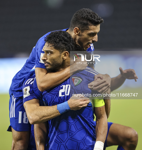 Yousef Alsulaiman (C) of Kuwait celebrates after scoring a goal during the FIFA World Cup 2026 Qualification 3rd Round group B match between...